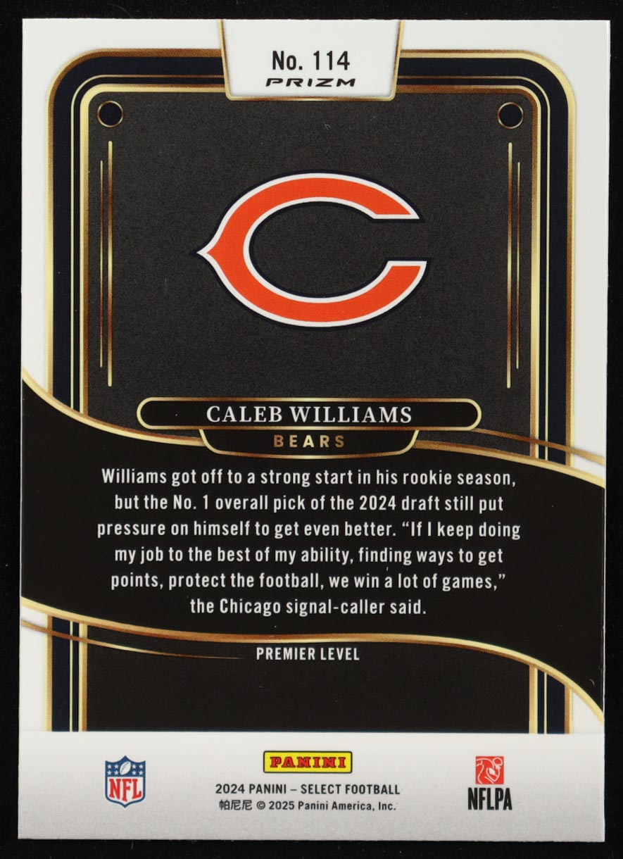 Caleb Williams 2024 Select Prizm Black and Red Shock #114 RC at PristineAuction.com Caleb Williams 2024 Select Prizm Black and Red Shock #114 RC at PristineAuction.com