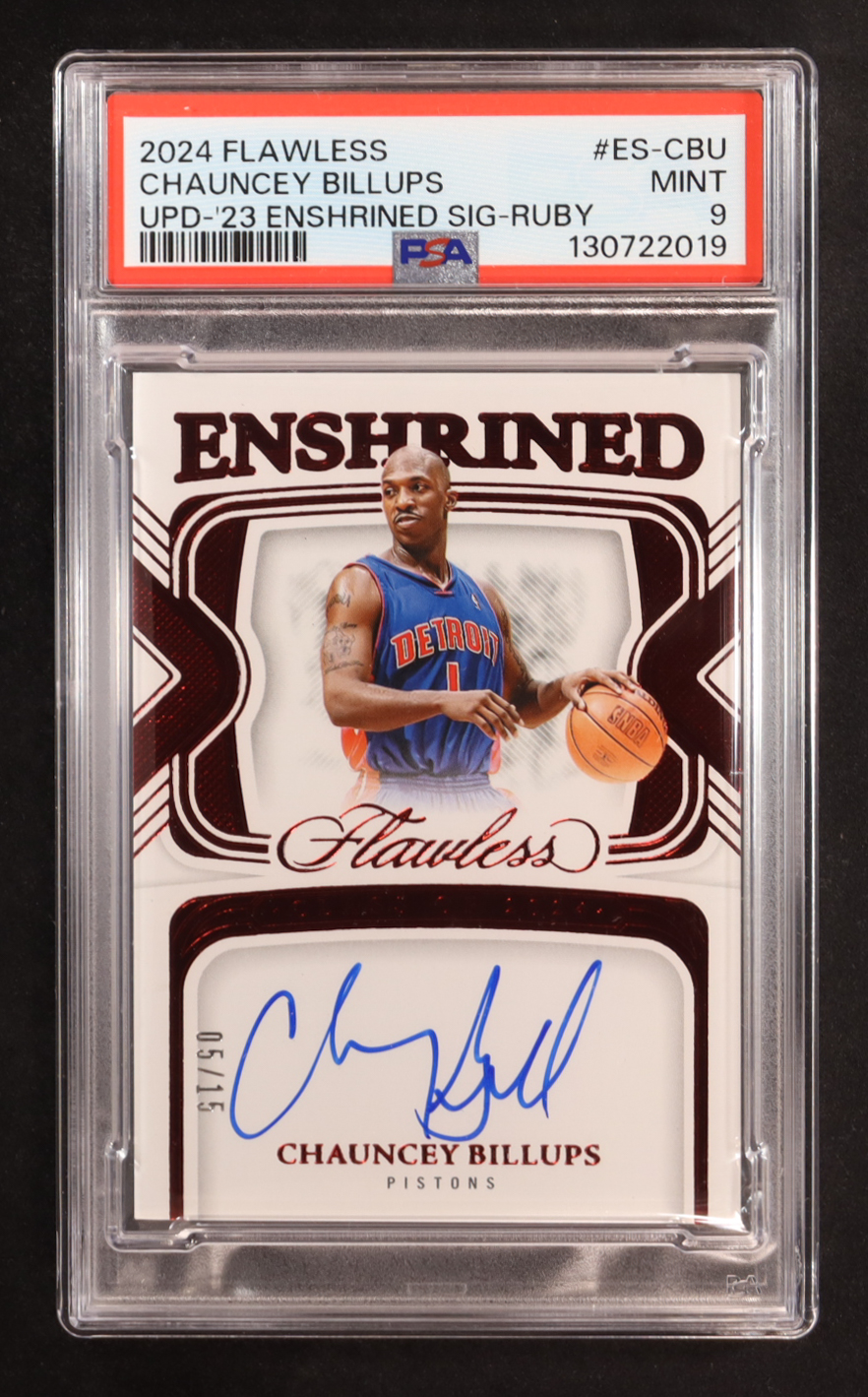 Chauncey Billups 2024 Panini Flawless Enshrined Signatures UPD '23 Ruby #ES-CBU #05/15 (PSA 9) at PristineAuction.com Chauncey Billups 2024 Panini Flawless Enshrined Signatures UPD '23 Ruby #ES-CBU #05/15 (PSA 9) at PristineAuction.com