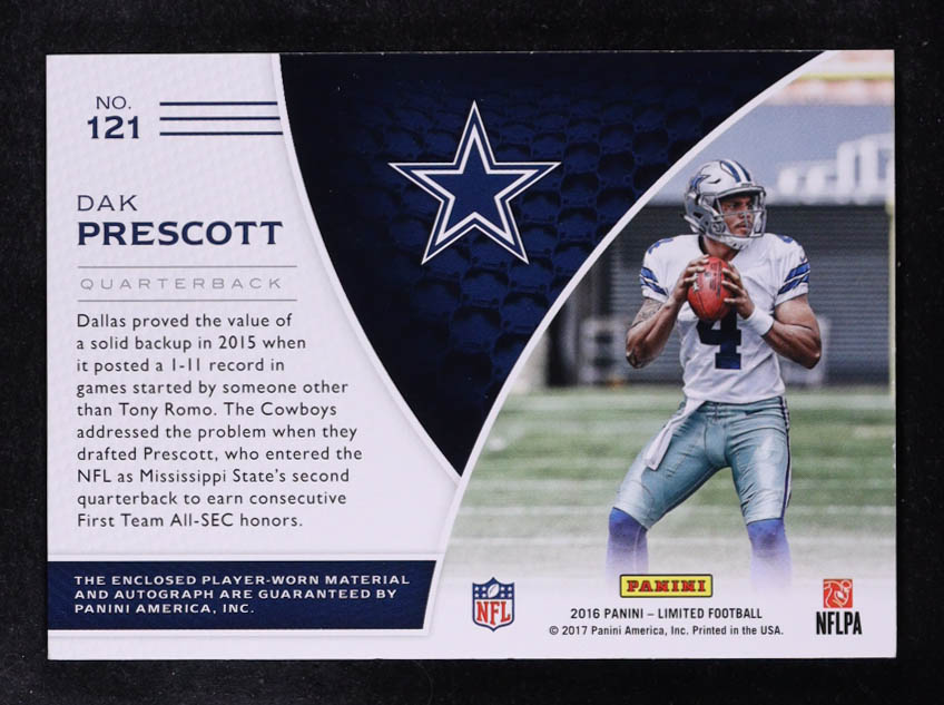 Dak Prescott 2016 Limited JSY AU #121 #110/299 RC at PristineAuction.com Dak Prescott 2016 Limited JSY AU #121 #110/299 RC at PristineAuction.com
