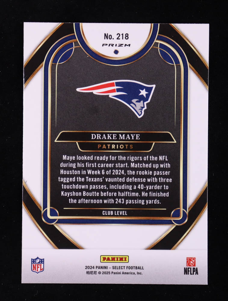 Drake Maye 2024 Select Prizm Black and Green Shock #218 RC at PristineAuction.com Drake Maye 2024 Select Prizm Black and Green Shock #218 RC at PristineAuction.com