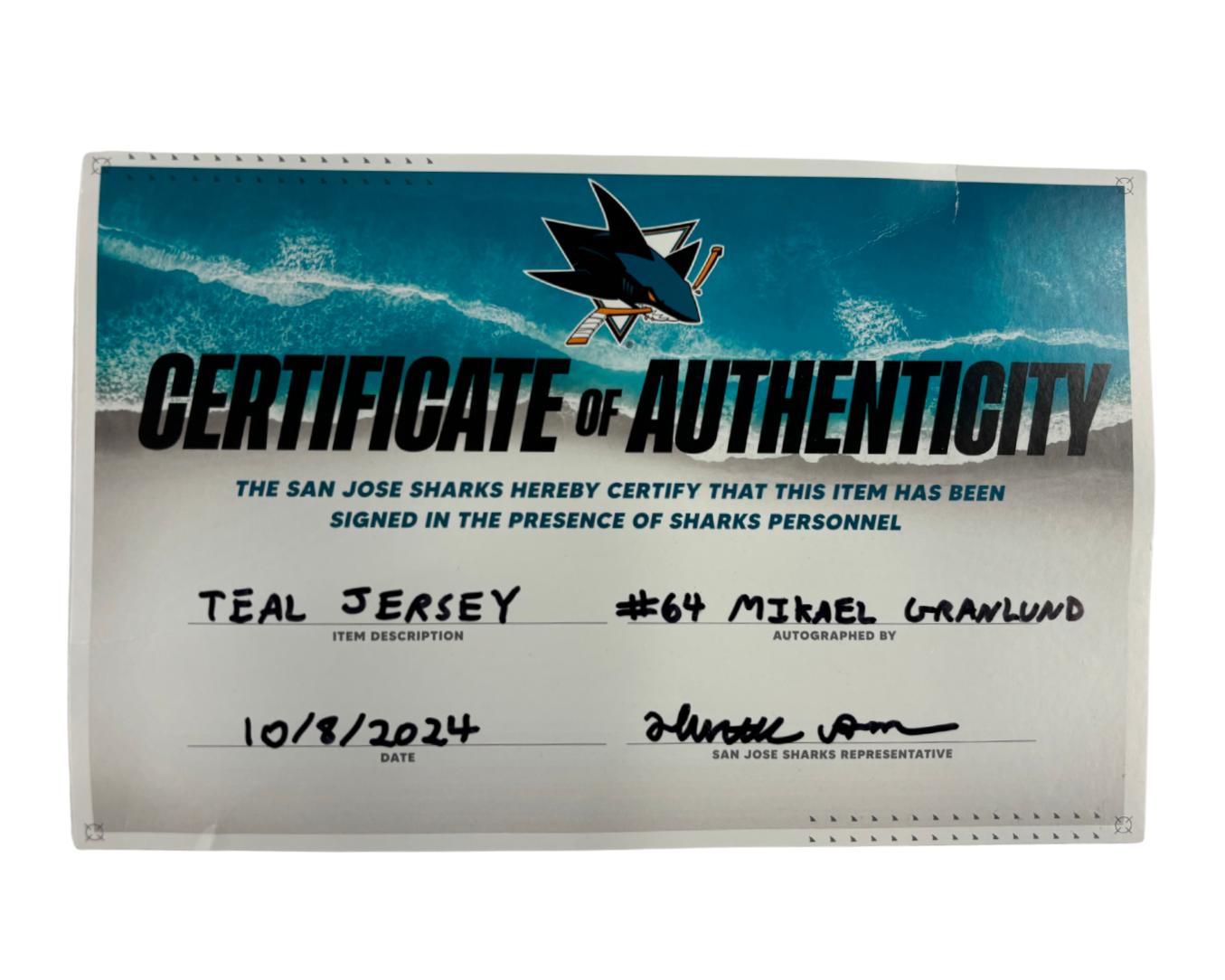 NHL San Jose Sharks #64 Mikael Granlund Signed Jersey at PristineAuction.com NHL San Jose Sharks #64 Mikael Granlund Signed Jersey at PristineAuction.com