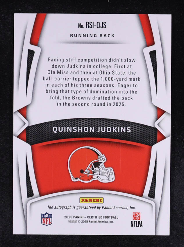 Quinshon Judkins 2025 Certified Rookie Signatures Mirror Gold #6 #05/10 RC at PristineAuction.com Quinshon Judkins 2025 Certified Rookie Signatures Mirror Gold #6 #05/10 RC at PristineAuction.com