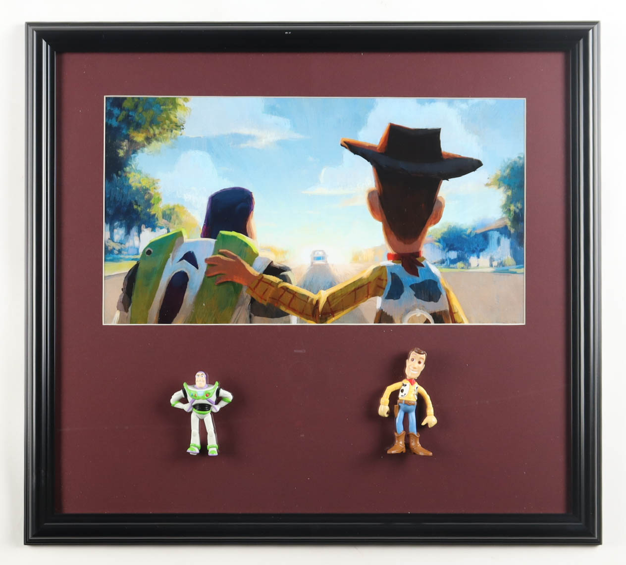 Disney's "Toy Story" Custom Framed Art Print Display with Woody & Buzz Figurines at PristineAuction.com Disney's "Toy Story" Custom Framed Art Print Display with Woody & Buzz Figurines at PristineAuction.com