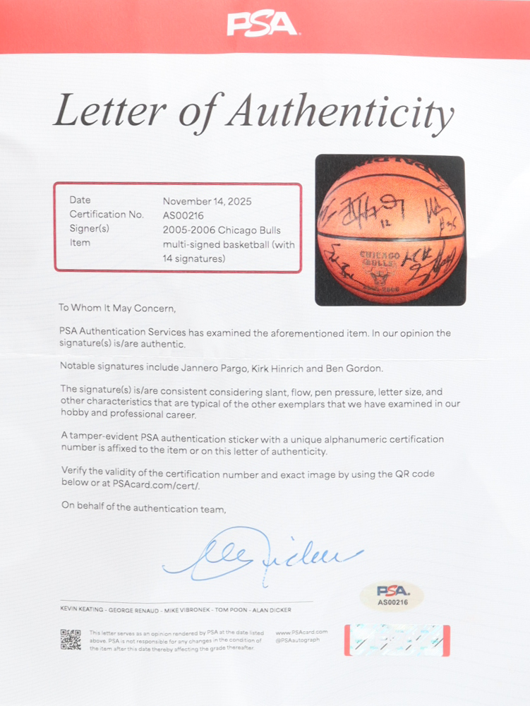 2005 Chicago Bulls NBA Official Game Basketball Team-Signed By (14) Ben Gordan, Jannero Pargo, & Kirk Hinrich with Display Stand (PSA) at PristineAuction.com 2005 Chicago Bulls NBA Official Game Basketball Team-Signed By (14) Ben Gordan, Jannero Pargo, & Kirk Hinrich with Display Stand (PSA) at PristineAuction.com