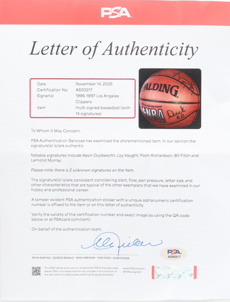 1996 Los Angeles Clippers NBA Official Game Basketball Team-Signed By (14) Brent Barry, Kevin Duckworth & Malik Sealy with Display Stand (PSA) at PristineAuction.com 1996 Los Angeles Clippers NBA Official Game Basketball Team-Signed By (14) Brent Barry, Kevin Duckworth & Malik Sealy with Display Stand (PSA) at PristineAuction.com