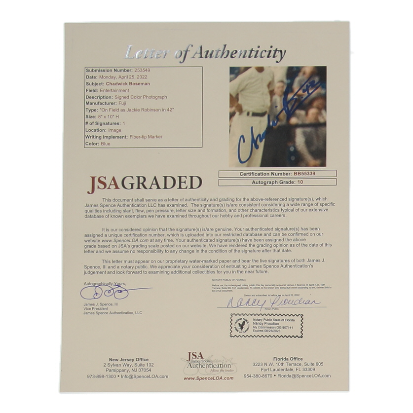 Chadwick Boseman Signed "42" 8x10 Photo (JSA) at PristineAuction.com Chadwick Boseman Signed "42" 8x10 Photo (JSA) at PristineAuction.com