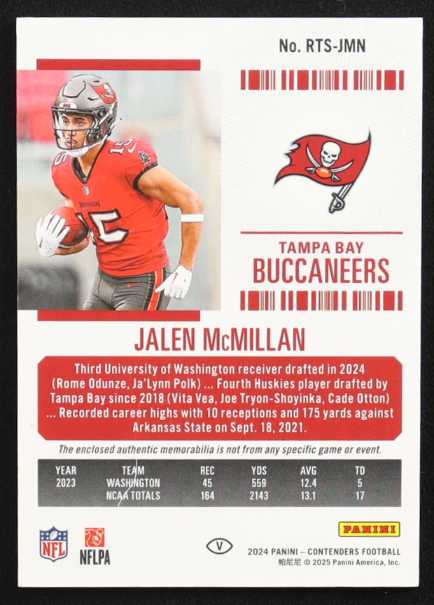 Jalen McMillan 2024 Panini Contenders Rookie Ticket Swatches Variations #13 RC at PristineAuction.com Jalen McMillan 2024 Panini Contenders Rookie Ticket Swatches Variations #13 RC at PristineAuction.com