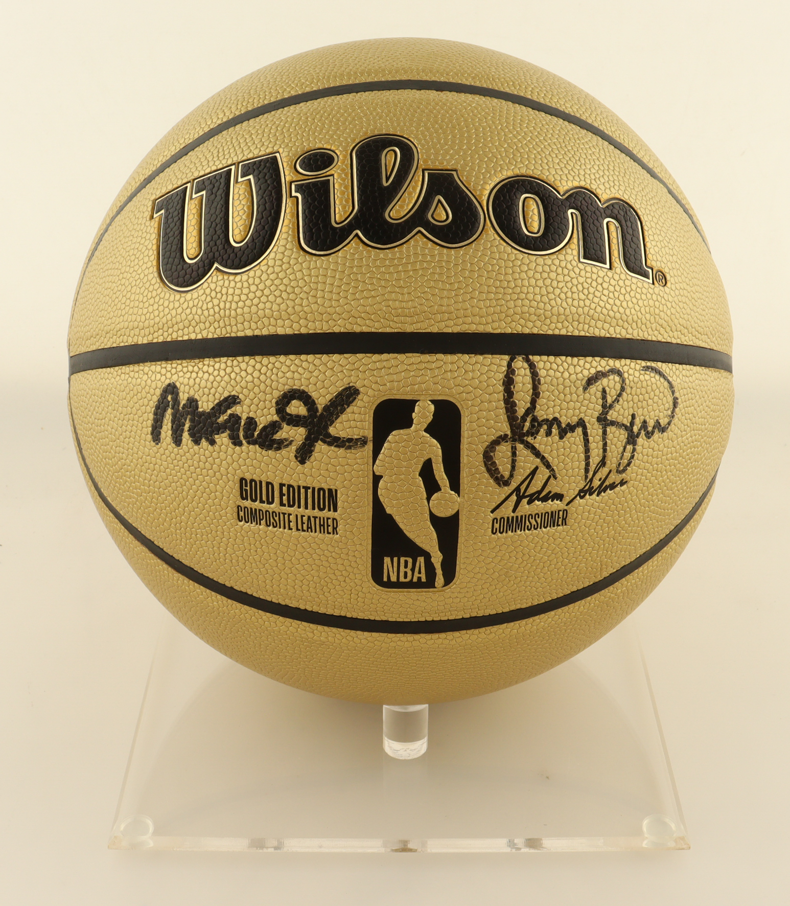 Larry Bird & Magic Johnson Signed NBA Basketball With Display Stand (PSA & Beckett) at PristineAuction.com Larry Bird & Magic Johnson Signed NBA Basketball With Display Stand (PSA & Beckett) at PristineAuction.com