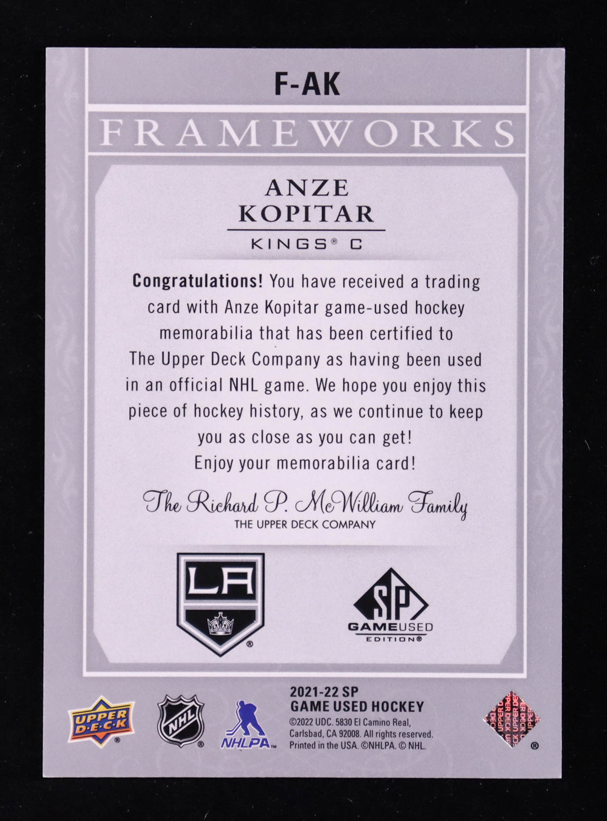 Anze Kopitar 2021-22 SP Game Used Frameworks Materials #FAK C at PristineAuction.com Anze Kopitar 2021-22 SP Game Used Frameworks Materials #FAK C at PristineAuction.com
