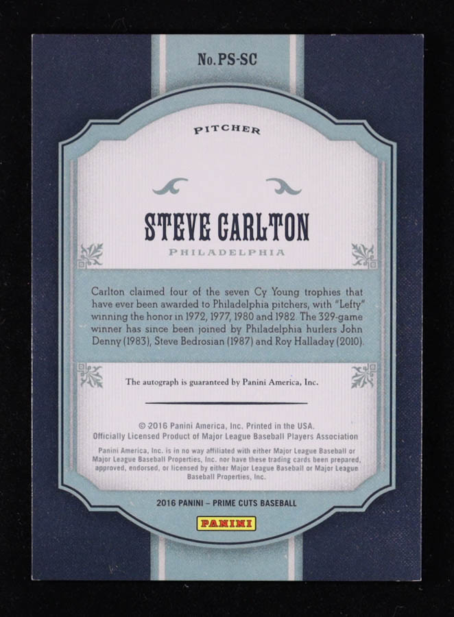 Steve Carlton 2016 Prime Cuts Prime Signatures Holo Purple #PSSC #3/5 at PristineAuction.com Steve Carlton 2016 Prime Cuts Prime Signatures Holo Purple #PSSC #3/5 at PristineAuction.com