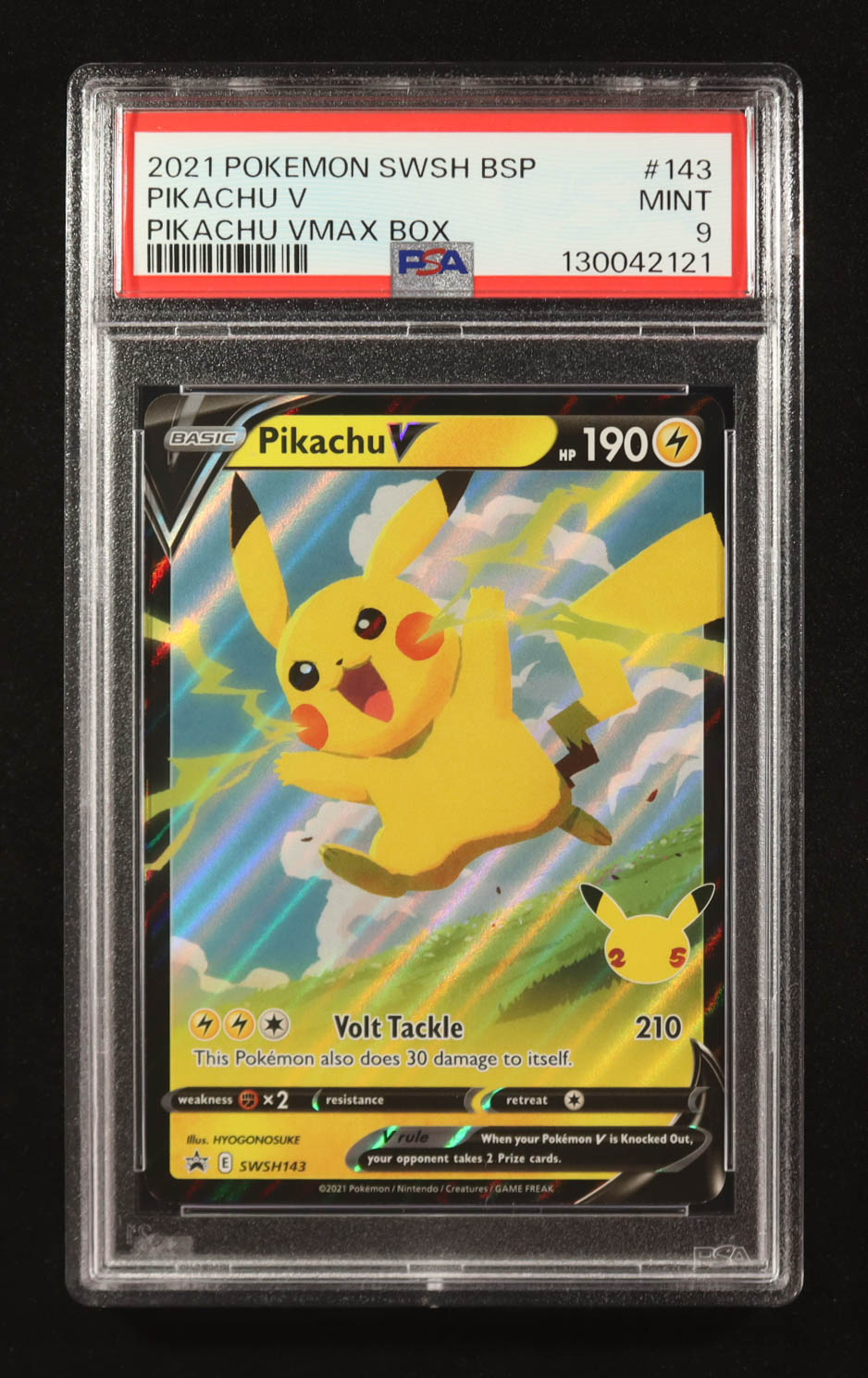 Pikachu V 2021 Pokemon Sword & Shield Black Star Promos VMAX Box #143 (PSA 9) at PristineAuction.com Pikachu V 2021 Pokemon Sword & Shield Black Star Promos VMAX Box #143 (PSA 9) at PristineAuction.com