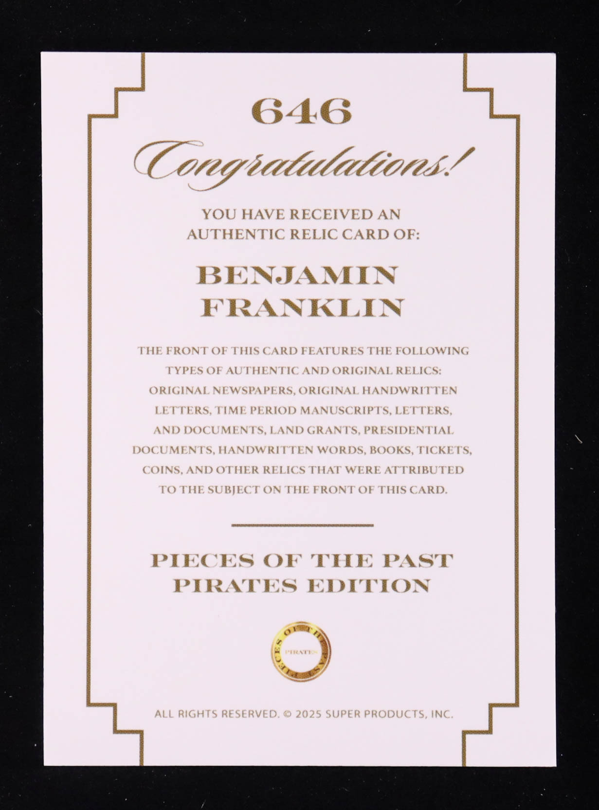 Benjamin Franklin 2025 Pieces of the Past Pirates Edition #646 at PristineAuction.com Benjamin Franklin 2025 Pieces of the Past Pirates Edition #646 at PristineAuction.com