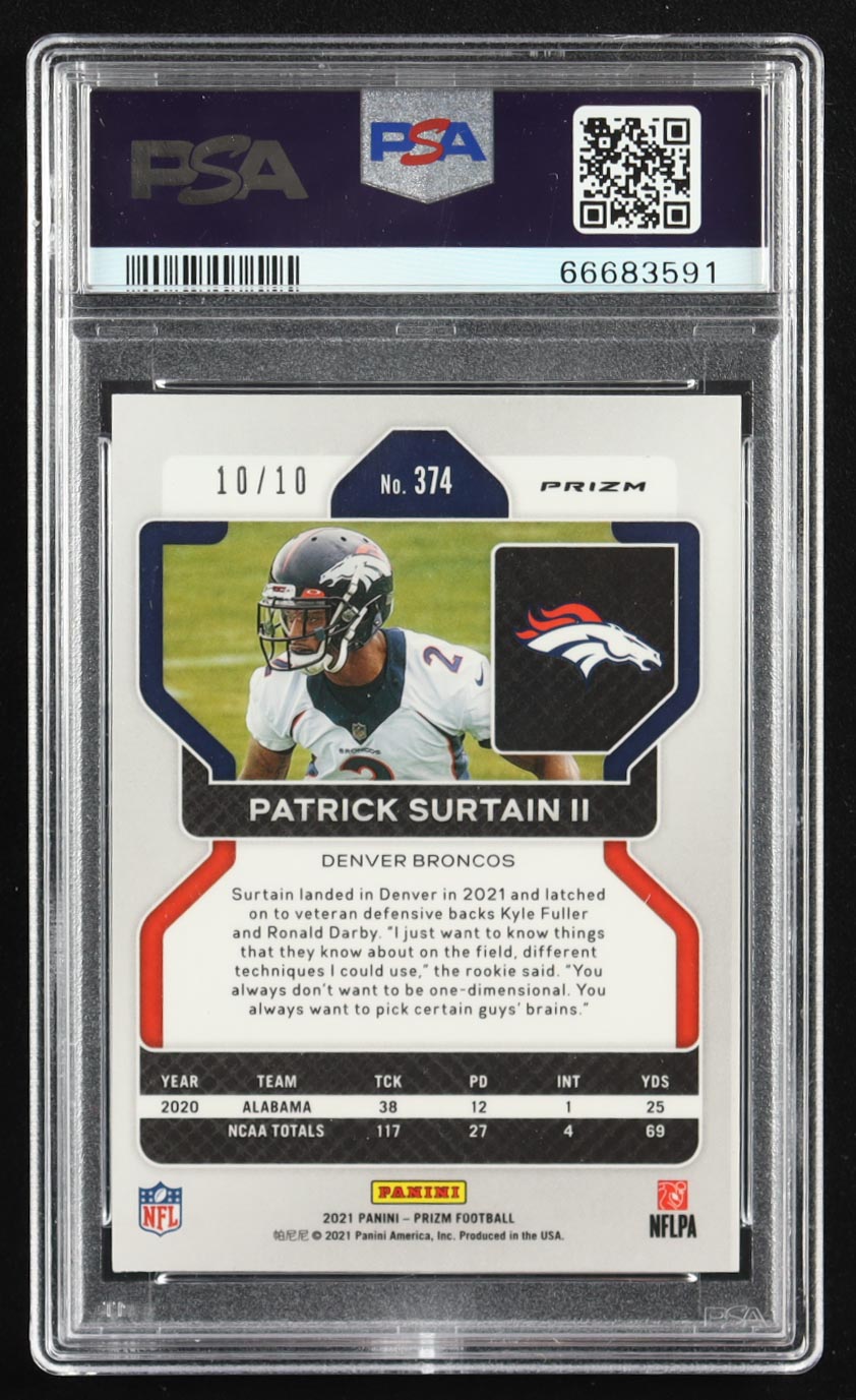 Patrick Surtain II 2021 Panini Prizm Prizms Gold Shimmer #374 #10/10 RC (PSA 9) at PristineAuction.com Patrick Surtain II 2021 Panini Prizm Prizms Gold Shimmer #374 #10/10 RC (PSA 9) at PristineAuction.com