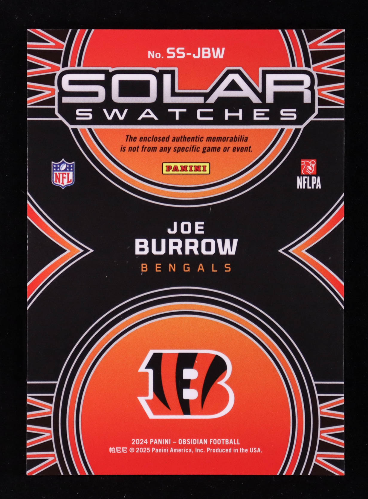 Joe Burrow 2024 Panini Obsidian Solar Swatches #10 at PristineAuction.com Joe Burrow 2024 Panini Obsidian Solar Swatches #10 at PristineAuction.com