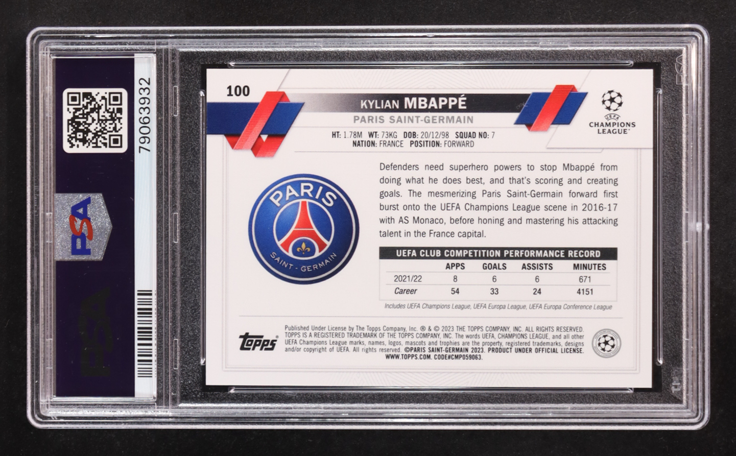 Kylian Mbappe 2022-23 Topps UEFA Club Competitions #100 (PSA 10) at PristineAuction.com Kylian Mbappe 2022-23 Topps UEFA Club Competitions #100 (PSA 10) at PristineAuction.com