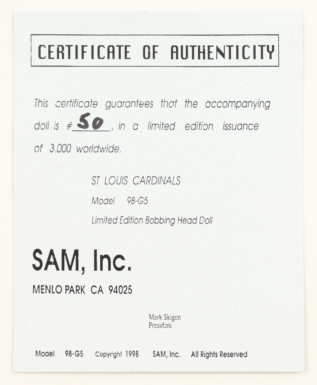 Sam's LE 7" St. Louis Cardinals Mascot Vintage Ceramic Bobblehead with Original Packaging at PristineAuction.com Sam's LE 7" St. Louis Cardinals Mascot Vintage Ceramic Bobblehead with Original Packaging at PristineAuction.com