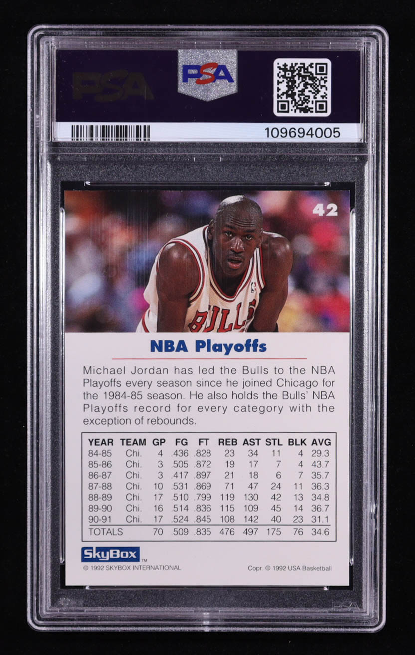 Michael Jordan 1992 SkyBox USA #42 / NBA Playoffs (PSA 10) at PristineAuction.com Michael Jordan 1992 SkyBox USA #42 / NBA Playoffs (PSA 10) at PristineAuction.com