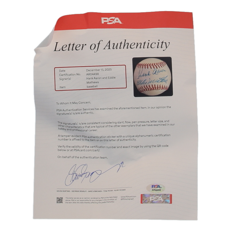 Hank Aaron & Eddie Mathews Signed ONL Baseball (PSA) at PristineAuction.com Hank Aaron & Eddie Mathews Signed ONL Baseball (PSA) at PristineAuction.com