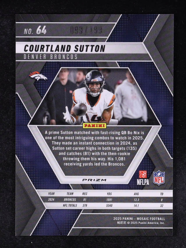 Courtland Sutton 2025 Panini Mosaic Mosaic Orange #64 #099/199 at PristineAuction.com Courtland Sutton 2025 Panini Mosaic Mosaic Orange #64 #099/199 at PristineAuction.com
