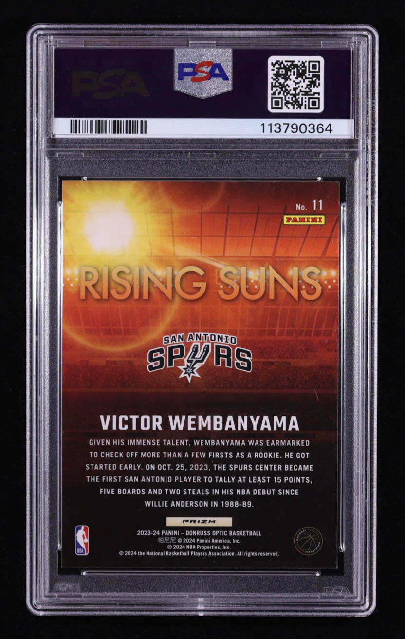 Victor Wembanyama 2023-24 Donruss Optic Rising Suns Holo #11 RC (PSA 10) at PristineAuction.com Victor Wembanyama 2023-24 Donruss Optic Rising Suns Holo #11 RC (PSA 10) at PristineAuction.com