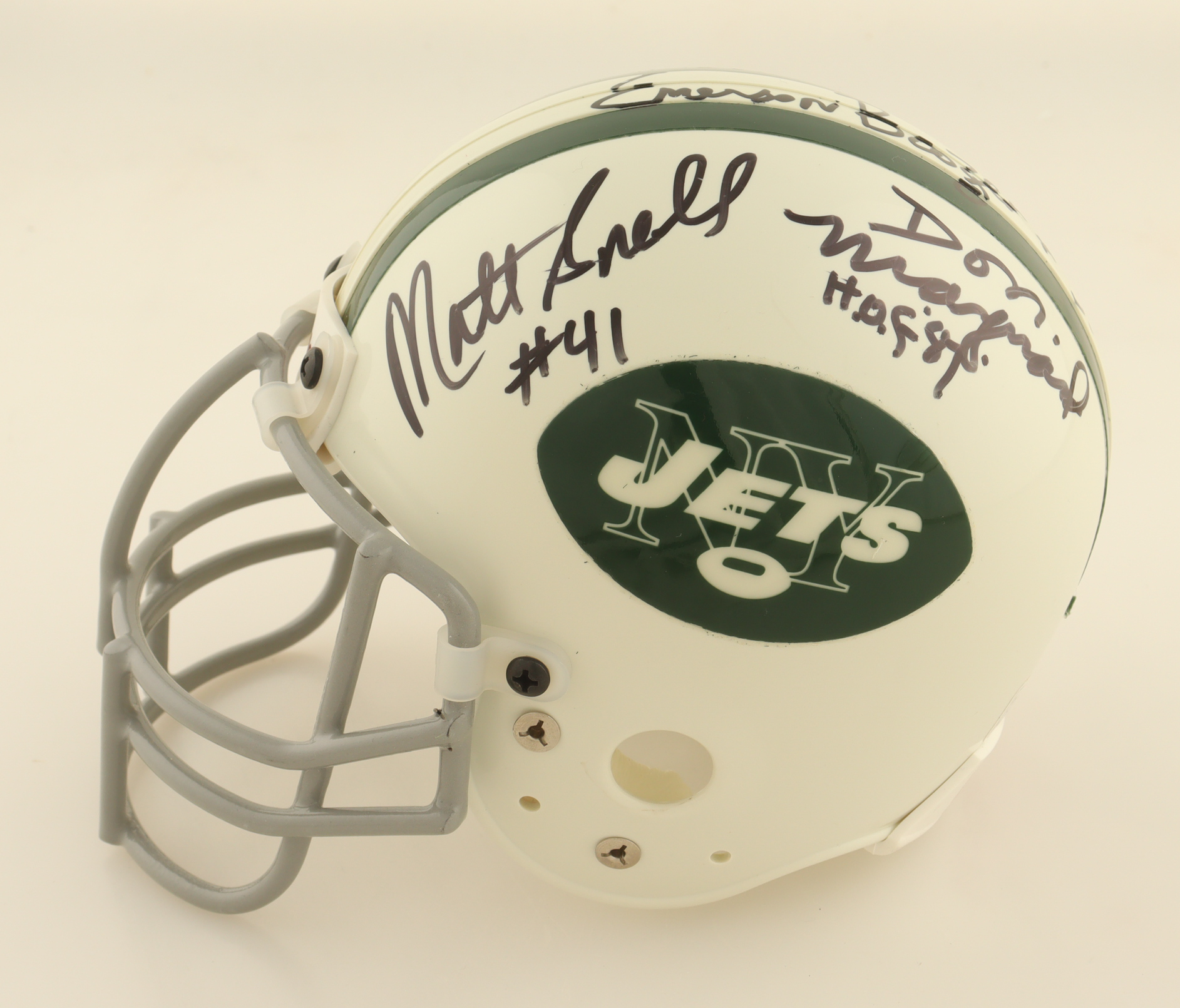 New York Jets Hall Of Famers Mini Helmet Signed by (4) Joe Namath, Don Maynard, & Emerson Boozer with Display Case (PSA) at PristineAuction.com New York Jets Hall Of Famers Mini Helmet Signed by (4) Joe Namath, Don Maynard, & Emerson Boozer with Display Case (PSA) at PristineAuction.com