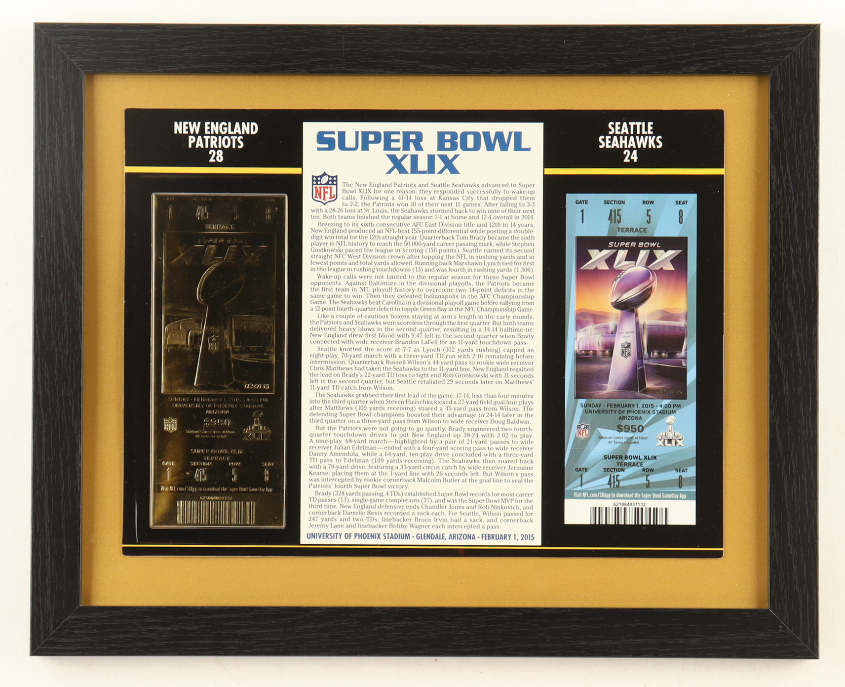 Custom Framed Super Bowl XLIX Commemorative Score Card with 23KT Gold Ticket Framed Display at PristineAuction.com Custom Framed Super Bowl XLIX Commemorative Score Card with 23KT Gold Ticket Framed Display at PristineAuction.com