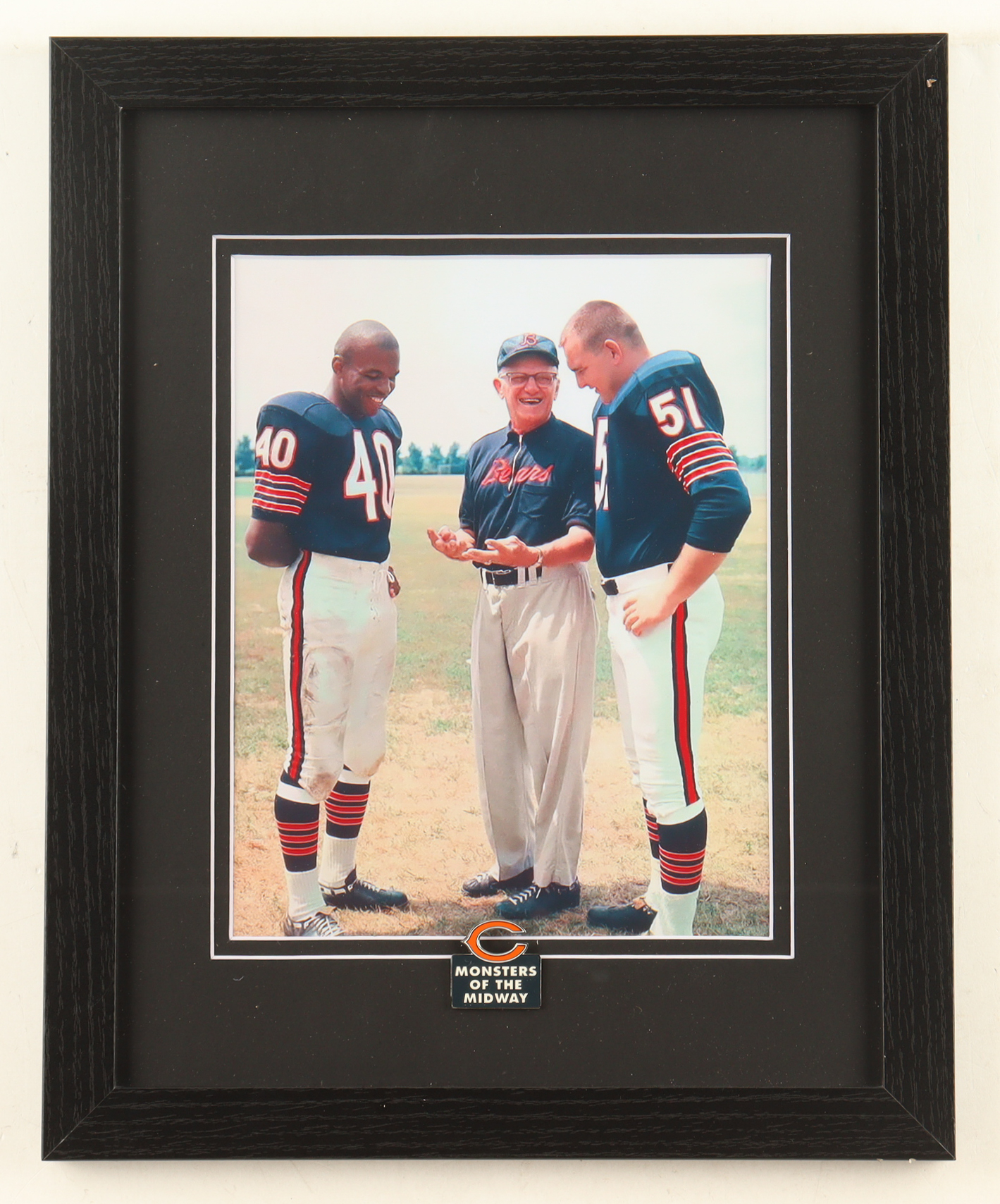Gayle Sayers, Dick Butkus & George Halas Custom Framed Bears Photo Display with Monsters of the Midway Pin at PristineAuction.com Gayle Sayers, Dick Butkus & George Halas Custom Framed Bears Photo Display with Monsters of the Midway Pin at PristineAuction.com