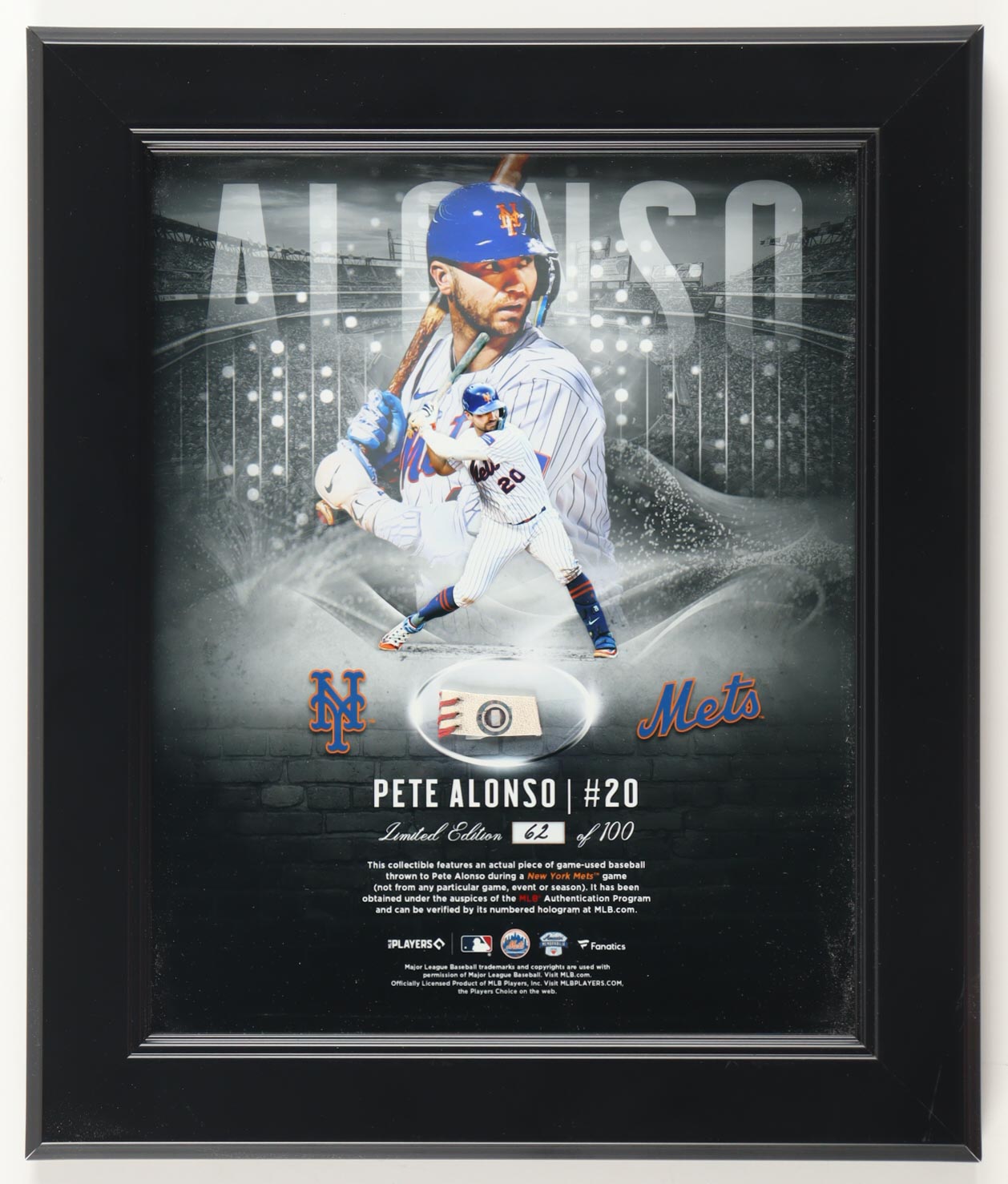 Pete Alonso Mets Custom Framed LE Game-Used Baseball Piece Display (MLB) at PristineAuction.com Pete Alonso Mets Custom Framed LE Game-Used Baseball Piece Display (MLB) at PristineAuction.com