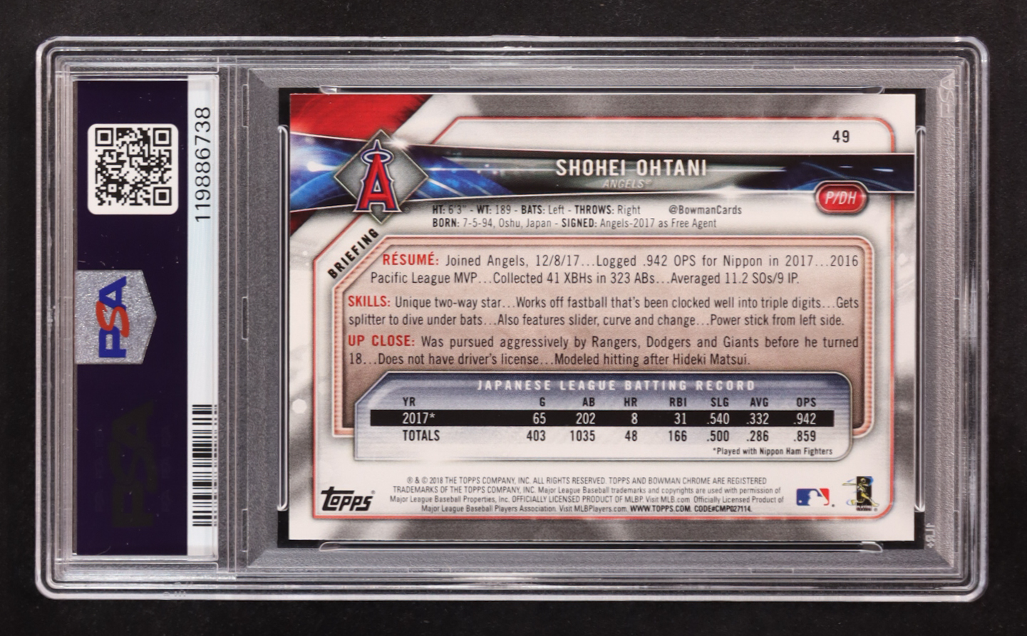 Shohei Ohtani 2018 Bowman #49 RC (PSA 9) at PristineAuction.com Shohei Ohtani 2018 Bowman #49 RC (PSA 9) at PristineAuction.com