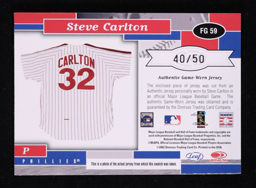 Steve Carlton 2002 Leaf Certified Fabric of the Game #59 #40/50 at PristineAuction.com Steve Carlton 2002 Leaf Certified Fabric of the Game #59 #40/50 at PristineAuction.com