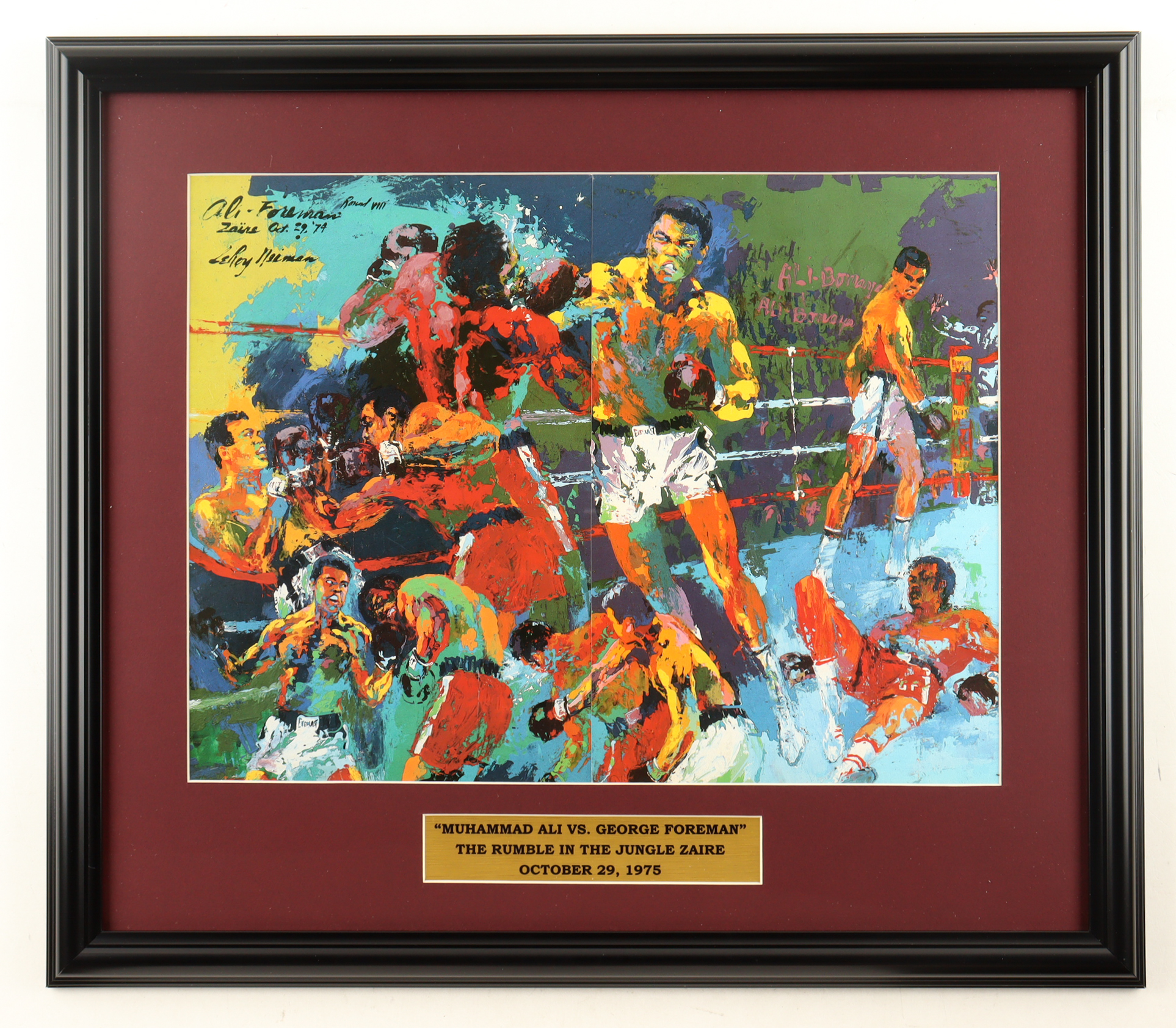'Muhammad Ali vs George Foreman" Custom Framed LeRoy Neiman Art Print Display with Title Plaque at PristineAuction.com 'Muhammad Ali vs George Foreman" Custom Framed LeRoy Neiman Art Print Display with Title Plaque at PristineAuction.com