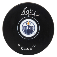 Grant Fuhr Signed Oilers Logo Hockey Puck Inscribed "Coco" (Schwartz) at PristineAuction.com