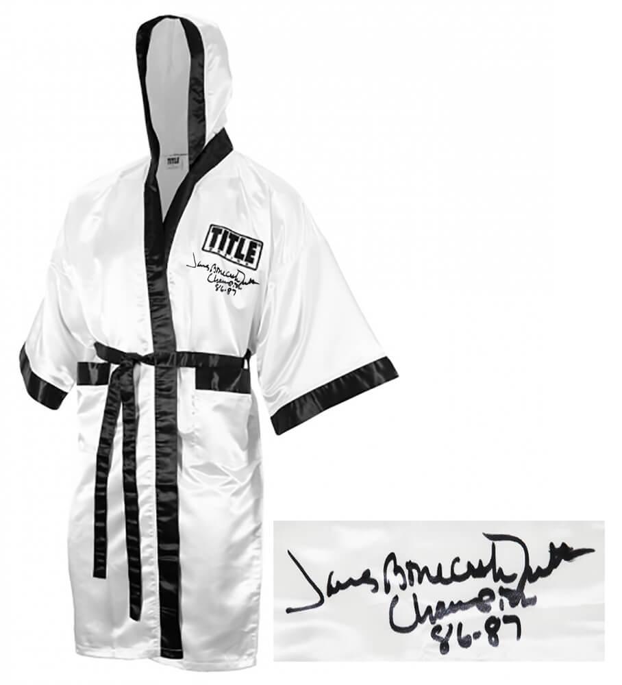 James Smith Signed Title Boxing Robe Inscribed "Bonecrusher, Champ 86-87" (Schwartz) at PristineAuction.com James Smith Signed Title Boxing Robe Inscribed "Bonecrusher, Champ 86-87" (Schwartz) at PristineAuction.com