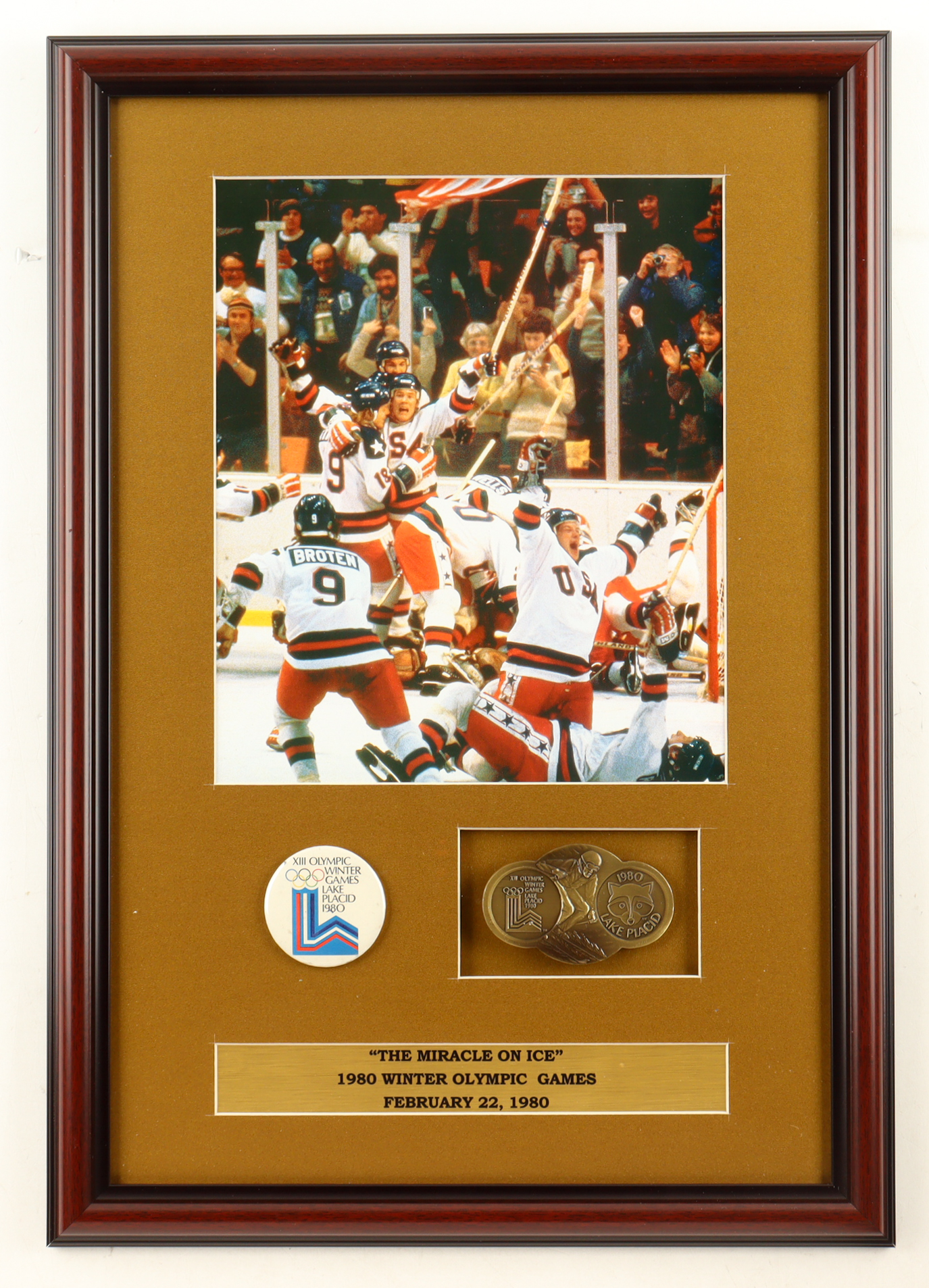"The Miracle on Ice Team USA" Custom Framed Photo Display with Lake Placid Emblem & Lapel Pin at PristineAuction.com "The Miracle on Ice Team USA" Custom Framed Photo Display with Lake Placid Emblem & Lapel Pin at PristineAuction.com