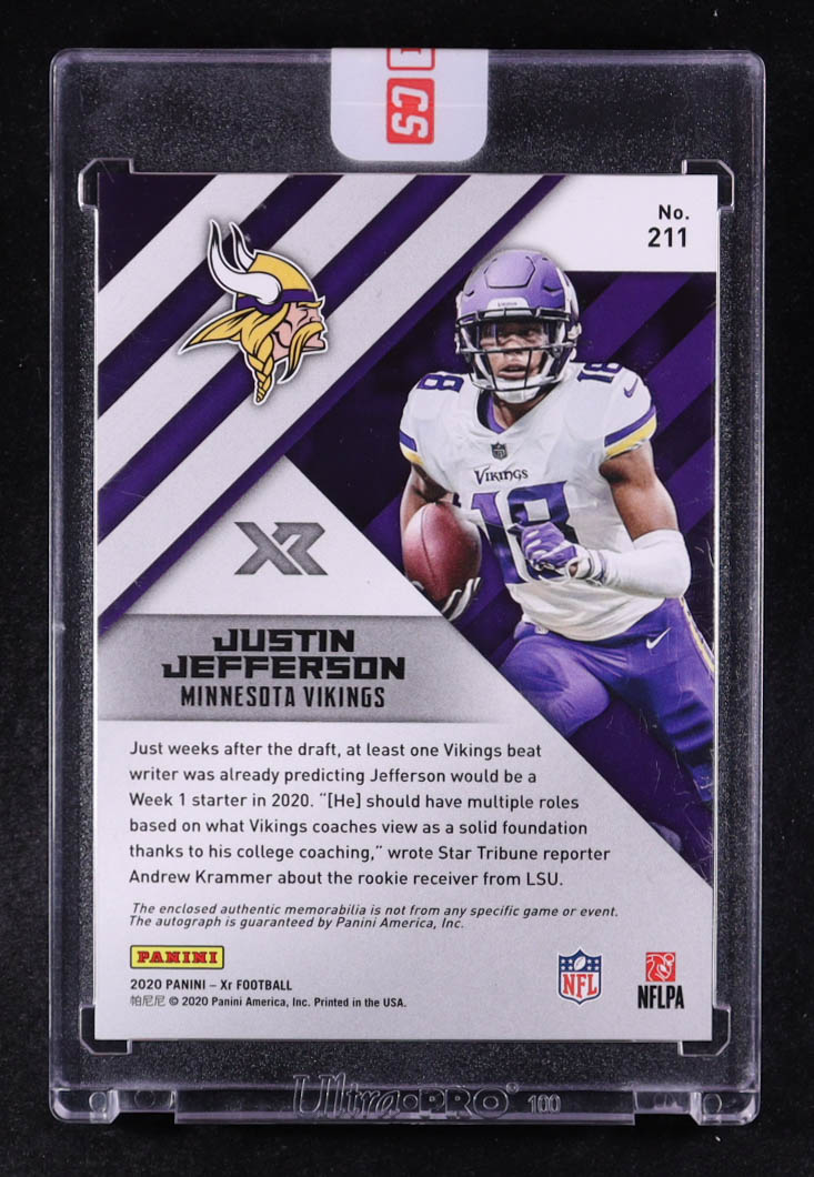 Justin Jefferson 2020 Panini XR Triple Swatch Autographs #211 RC #67/75 at PristineAuction.com Justin Jefferson 2020 Panini XR Triple Swatch Autographs #211 RC #67/75 at PristineAuction.com