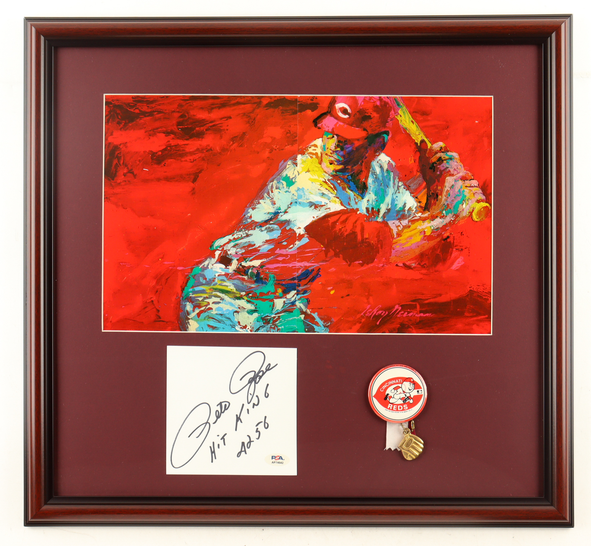 Pete Rose Signed Reds Custom Framed Cut Display Inscribed "Hit King" & " 4256" with LeRoy Neiman Art Print & Lapel Pin (PSA) at PristineAuction.com Pete Rose Signed Reds Custom Framed Cut Display Inscribed "Hit King" & " 4256" with LeRoy Neiman Art Print & Lapel Pin (PSA) at PristineAuction.com