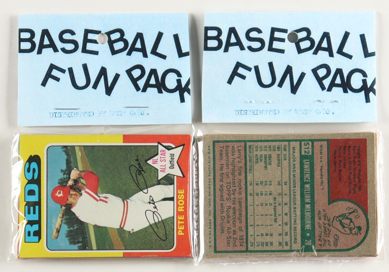 1975 Topps Baseball Cello Fun Pack Vending Box with (20) Packs at PristineAuction.com 1975 Topps Baseball Cello Fun Pack Vending Box with (20) Packs at PristineAuction.com