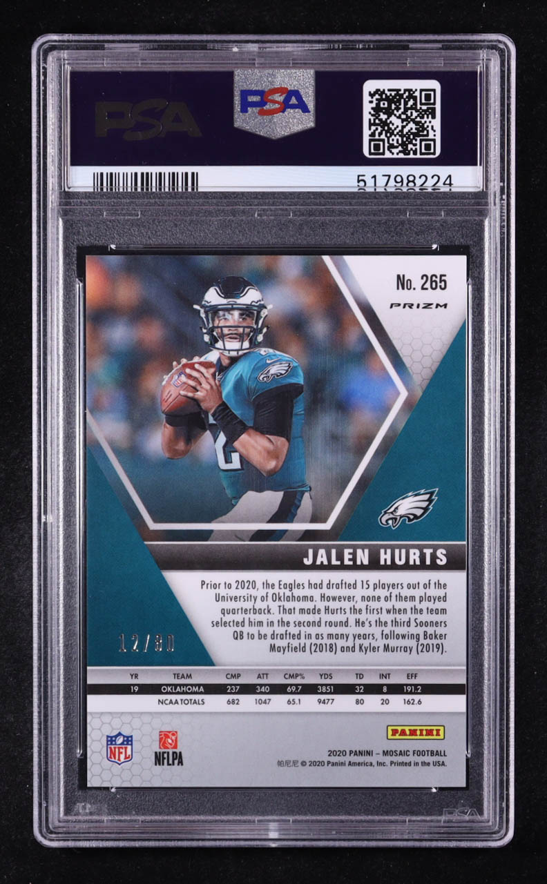 Jalen Hurts 2020 Panini Mosaic Fusion Red Choice NFL Debut #265 RC #12/80 (PSA 9) at PristineAuction.com Jalen Hurts 2020 Panini Mosaic Fusion Red Choice NFL Debut #265 RC #12/80 (PSA 9) at PristineAuction.com