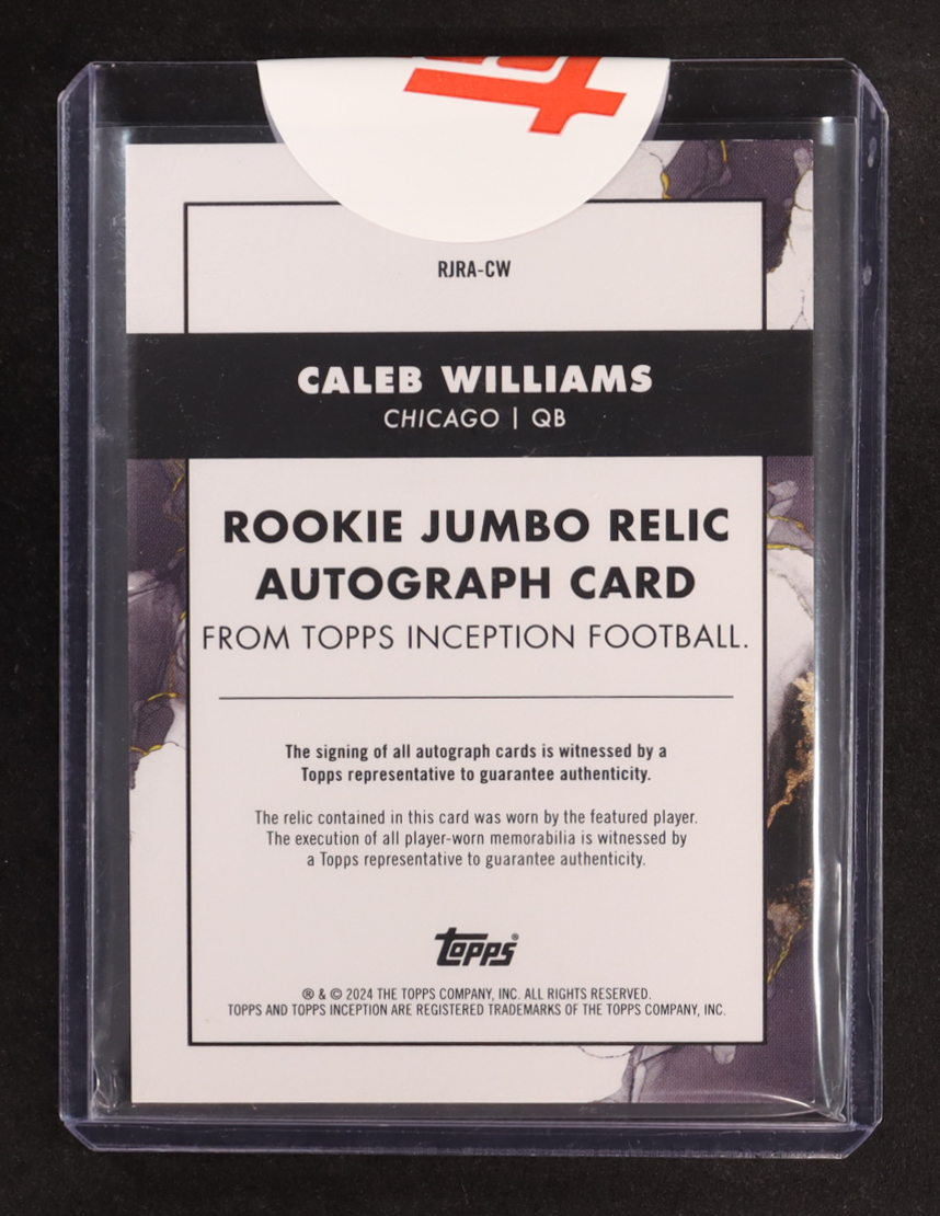 Caleb Williams 2024 Topps Inception Rookie Jumbo Relic Autographs Red #RJRACW #59/75 RC at PristineAuction.com Caleb Williams 2024 Topps Inception Rookie Jumbo Relic Autographs Red #RJRACW #59/75 RC at PristineAuction.com
