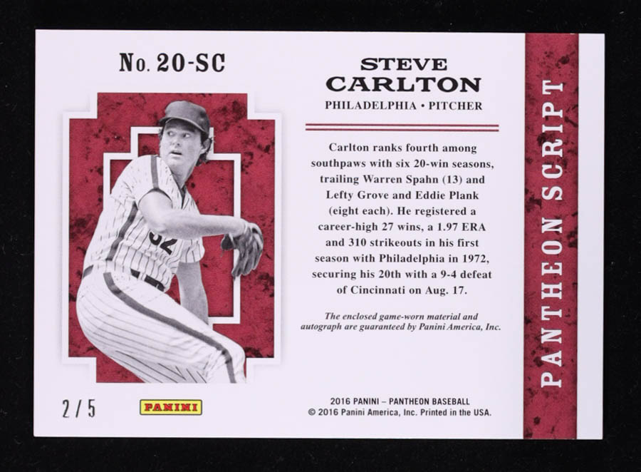 Steve Carlton 2016 Panini Pantheon Script 20 Materials Gold #14 #2/5 at PristineAuction.com Steve Carlton 2016 Panini Pantheon Script 20 Materials Gold #14 #2/5 at PristineAuction.com