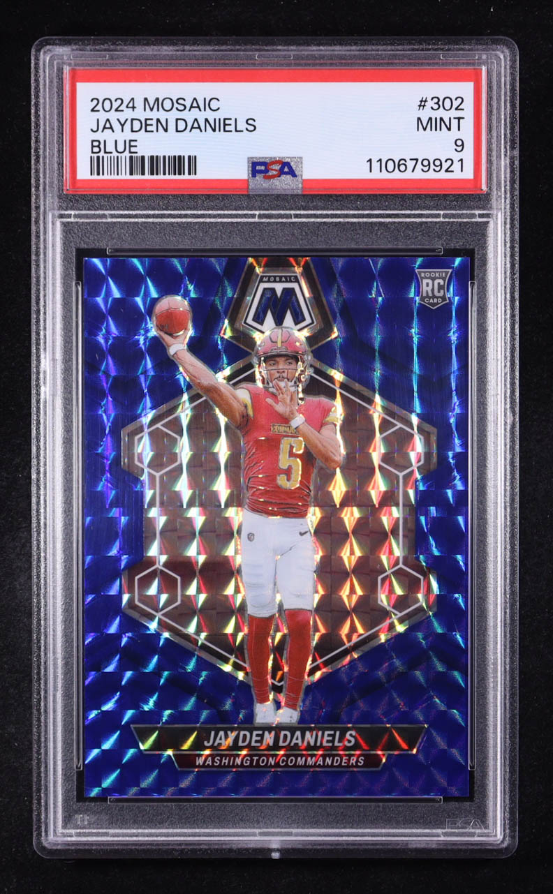 Jayden Daniels 2024 Panini Mosaic Blue #302 RC #20/99 (PSA 9) at PristineAuction.com Jayden Daniels 2024 Panini Mosaic Blue #302 RC #20/99 (PSA 9) at PristineAuction.com