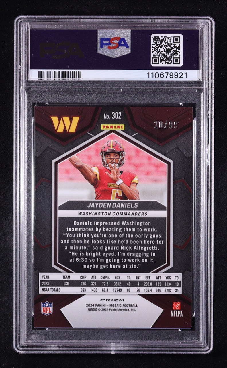 Jayden Daniels 2024 Panini Mosaic Blue #302 RC #20/99 (PSA 9) at PristineAuction.com Jayden Daniels 2024 Panini Mosaic Blue #302 RC #20/99 (PSA 9) at PristineAuction.com