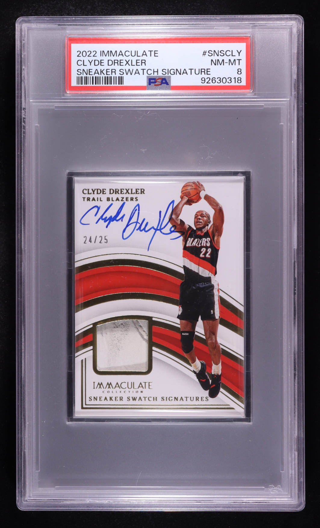 Clyde Drexler 2022-23 Panini Immaculate Sneaker Swatch Signature #SNS-CLY #24/25 (PSA 8) at PristineAuction.com Clyde Drexler 2022-23 Panini Immaculate Sneaker Swatch Signature #SNS-CLY #24/25 (PSA 8) at PristineAuction.com