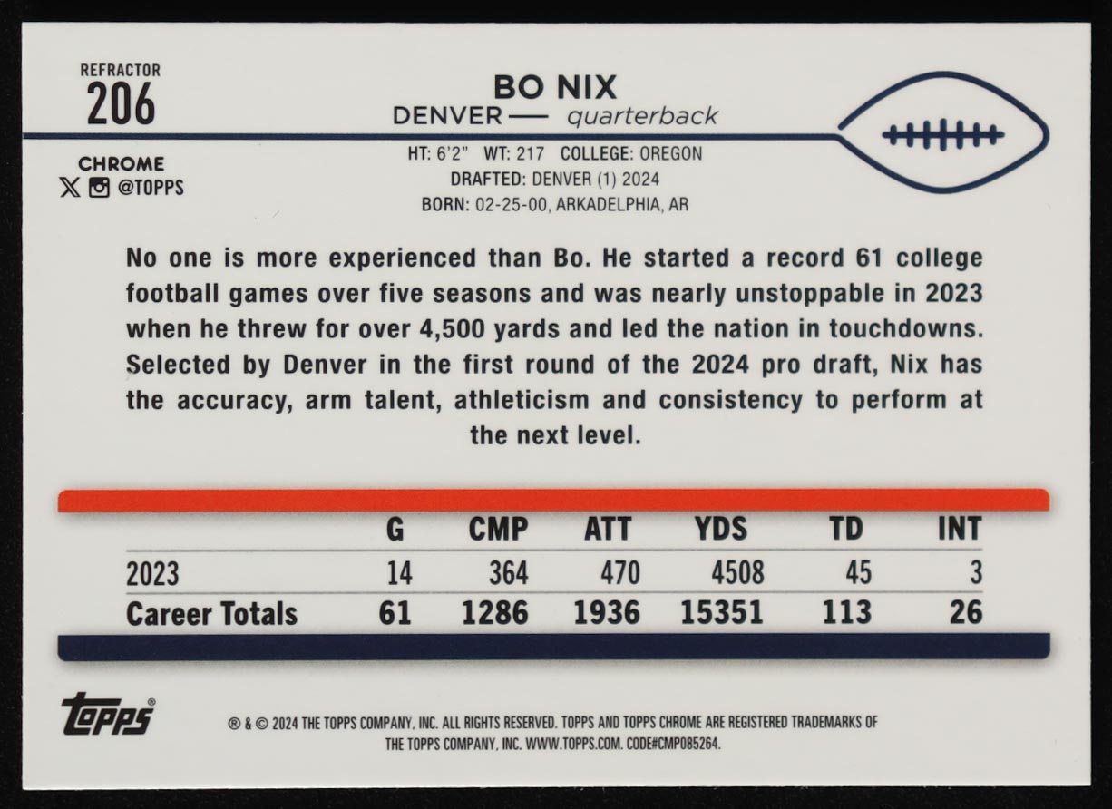 Bo Nix 2024 Topps Chrome Prism Refractors #206 RC at PristineAuction.com Bo Nix 2024 Topps Chrome Prism Refractors #206 RC at PristineAuction.com