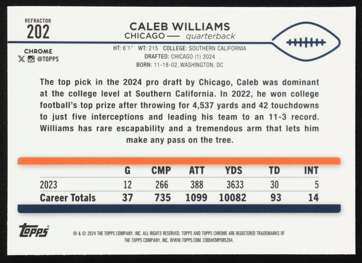 Caleb Williams 2024 Topps Chrome Prism Refractors #202 RC at PristineAuction.com Caleb Williams 2024 Topps Chrome Prism Refractors #202 RC at PristineAuction.com