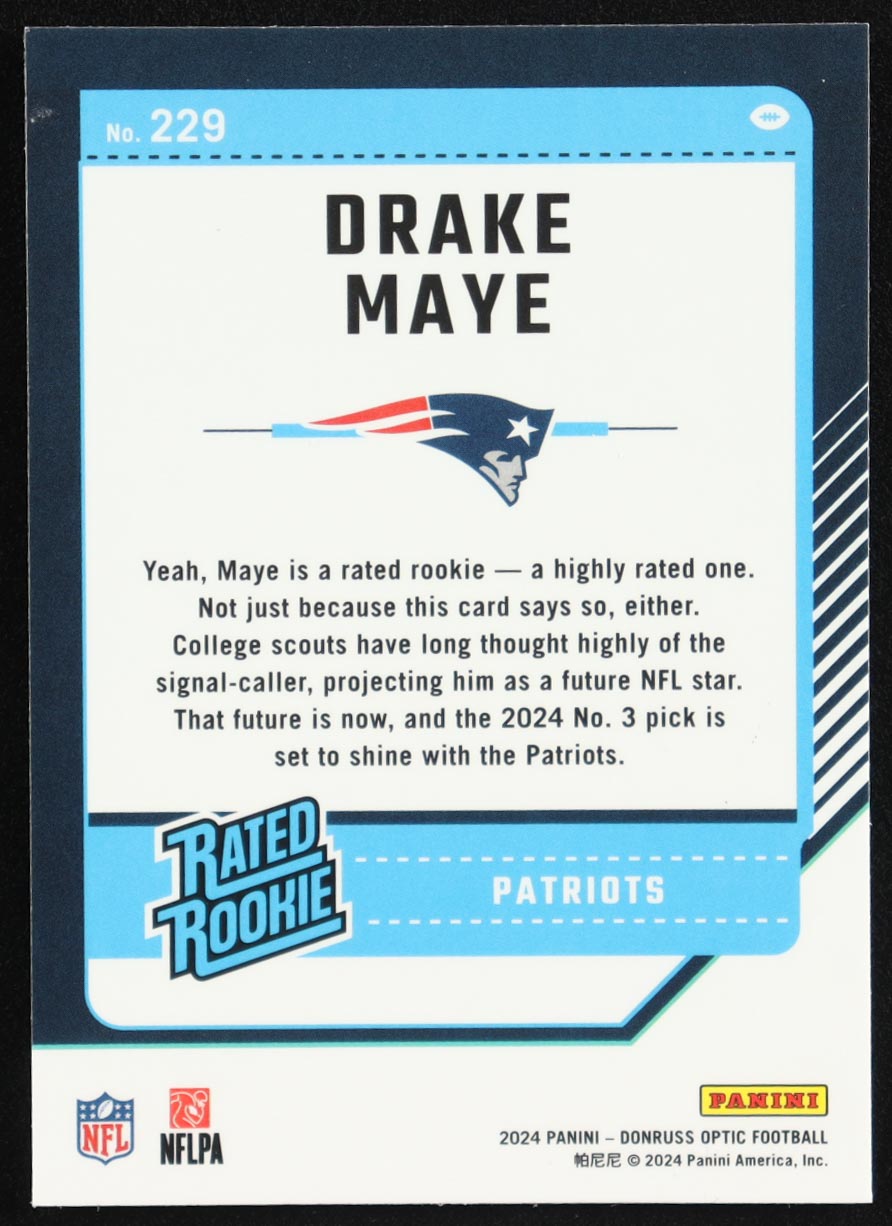 Drake Maye 2024 Donruss Optic #229 RC at PristineAuction.com Drake Maye 2024 Donruss Optic #229 RC at PristineAuction.com
