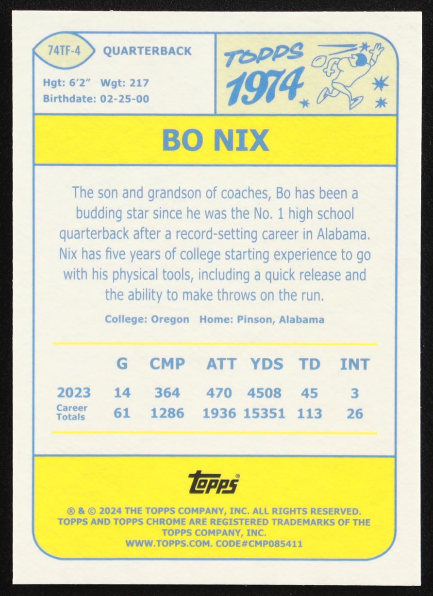 Bo Nix 2024 Topps Chrome '74 Topps #74TF4 RC at PristineAuction.com Bo Nix 2024 Topps Chrome '74 Topps #74TF4 RC at PristineAuction.com