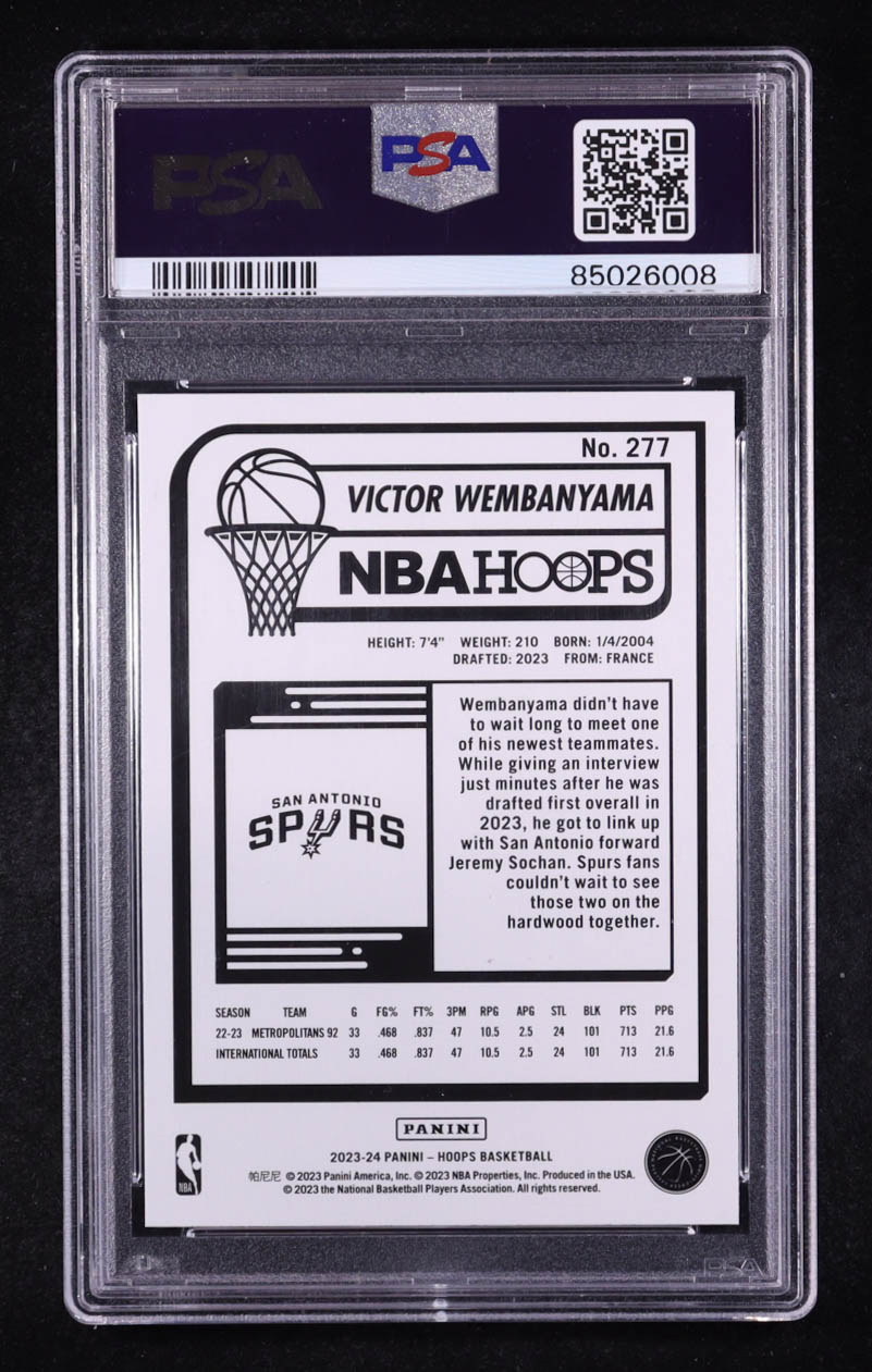 Victor Wembanyama 2023-24 Hoops Purple #277 RC (PSA 9) at PristineAuction.com Victor Wembanyama 2023-24 Hoops Purple #277 RC (PSA 9) at PristineAuction.com
