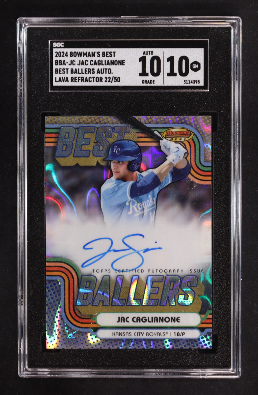 Jac Caglianone 2024 Bowman's Best Best Ballers Autographs Lava Refractors #BBAJC #22/50 RC (SGC 10 | Auto 10) at PristineAuction.com Jac Caglianone 2024 Bowman's Best Best Ballers Autographs Lava Refractors #BBAJC #22/50 RC (SGC 10 | Auto 10) at PristineAuction.com