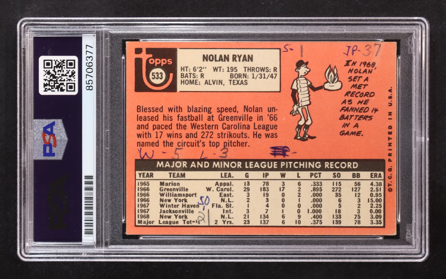 Nolan Ryan Signed 1969 Topps Inscribed "Miracle Mets" #533 (PSA | Autograph Graded PSA 10) at PristineAuction.com Nolan Ryan Signed 1969 Topps Inscribed "Miracle Mets" #533 (PSA | Autograph Graded PSA 10) at PristineAuction.com